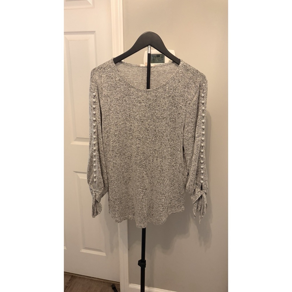 My Danielle Gray Marled Knit Pullover Pearl Sleeve Tie Cuff Top Med Fall Chic